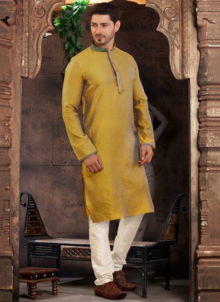 Yellow Fancy Festive Wear Poly Jacquard Digital Printed Kurta Pajama Mens Collection FR-KP 1
